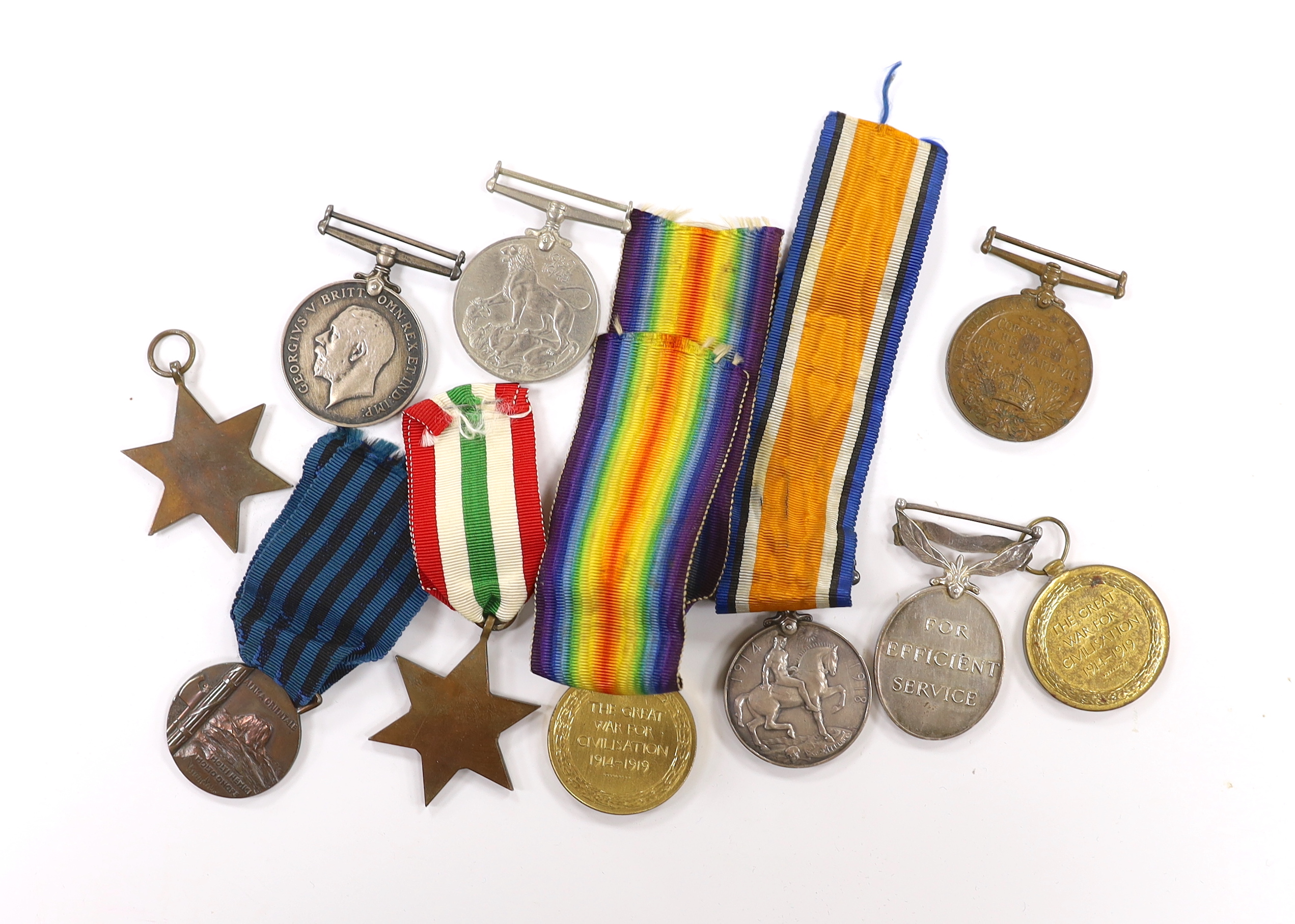 Ten medals; two First World War pairs of the Victory medal and the British War medal to Pte. F.J. Pulham 24 London Reg. and Pte. H. Cannell M.G.C., three WWII medals; The Italy Star, The 1939-1945 Star and a 1939-1945 Wa